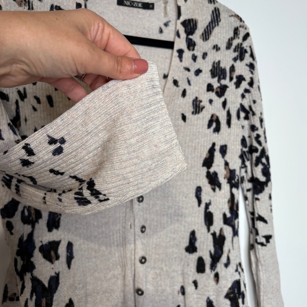 Nic+Zoe Leopard Print Linen Blend Duster Cardigan Size Medium Oatmeal & Black - Picture 3 of 8